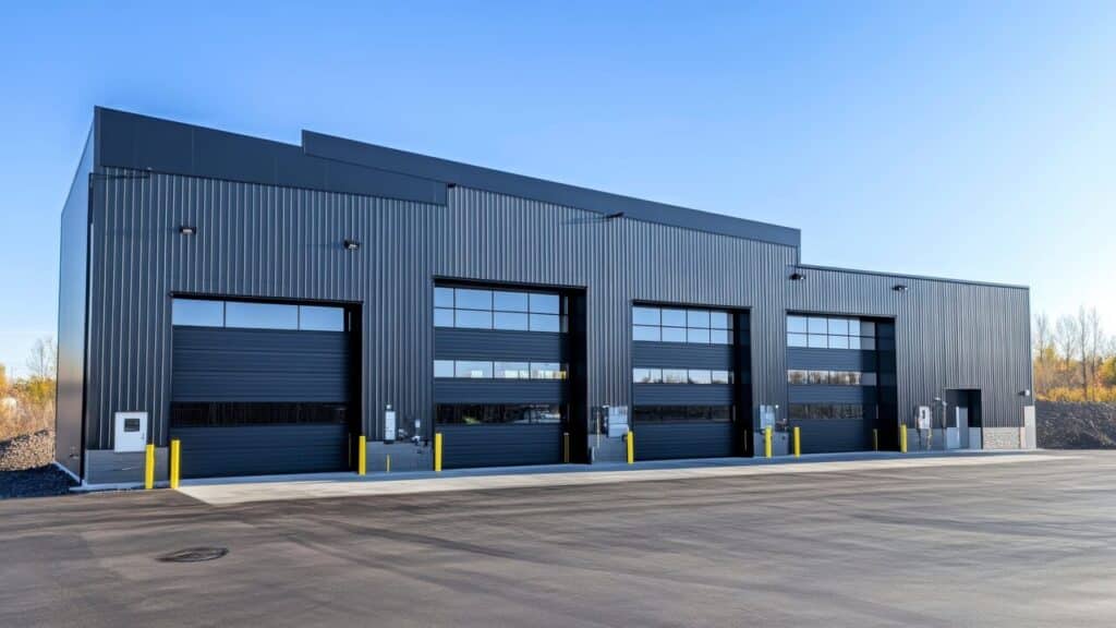 Modern industrial building with four large black garage doors, situated on a paved lot under a clear blue sky.